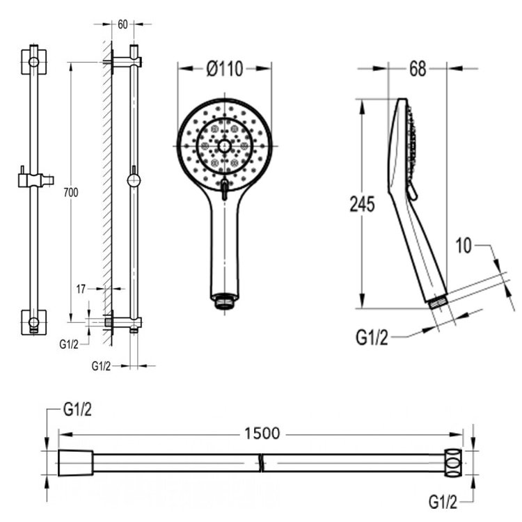 Flova Levo Square Slide Rail With 5 Function Shower Handset Smooth Hose And Integral Wall Outlet Elbow - Chrome - Image 2