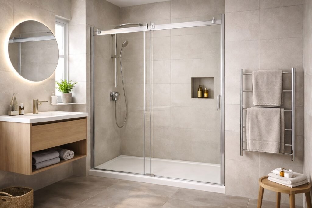 Merlyn sliding glass shower door with chrome frame in modern tiled bathroom