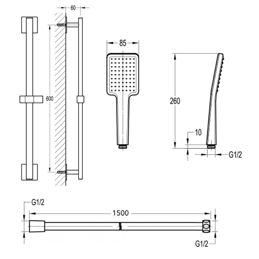 Flova Quba Slide Rail With Shower Handset And Smooth Hose - Chrome - Image 2