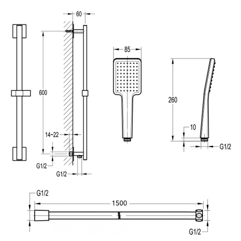 Flova Quba Slide Rail With Shower Handset Smooth Hose And Integral Wall Outlet Elbow - Chrome - Image 2