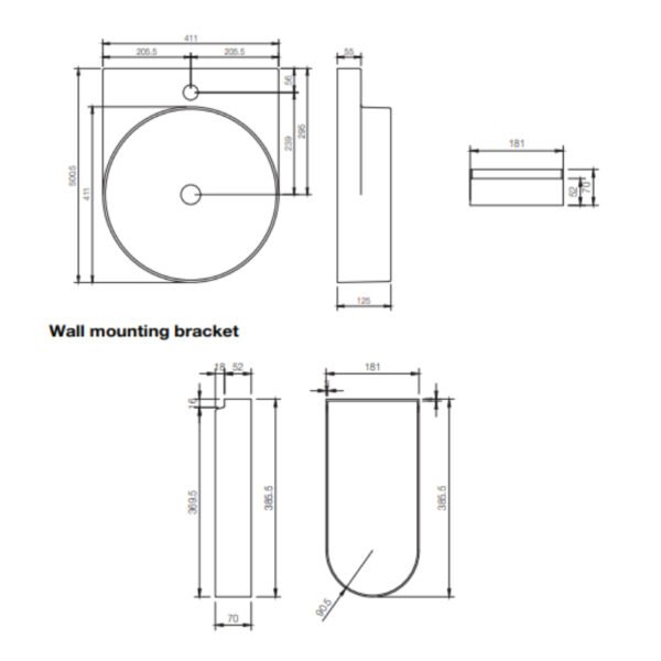 Tissino Davoli Basin With Support Arm and Waste - 400mm Wide - Image 2