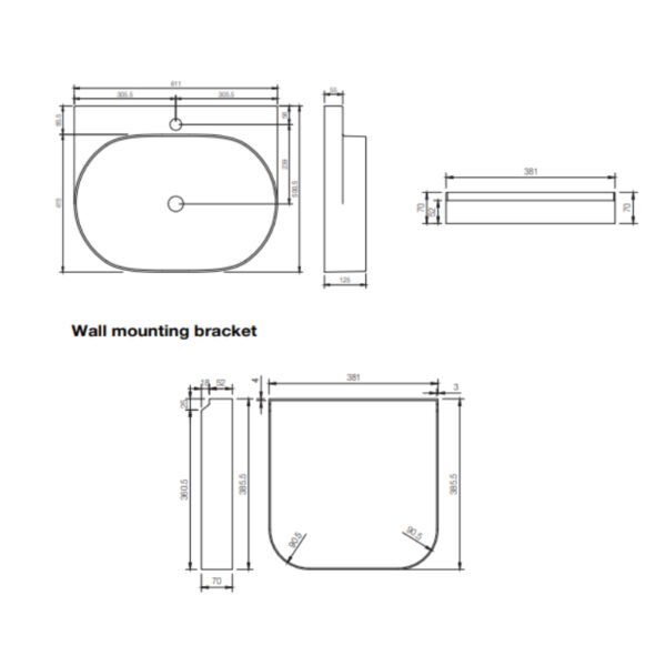 Tissino Davoli Basin With Support Arm and Waste - 600mm Wide - Image 2