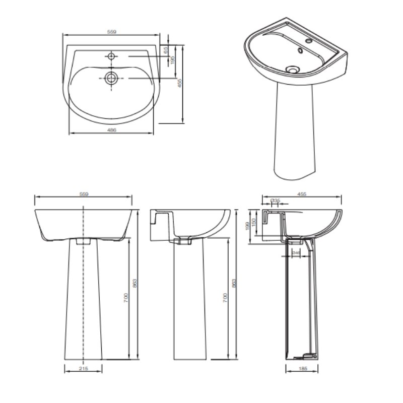 Tissino Nerola Basin With Full Pedestal - 559mm Wide - 1 Tap Hole - Gloss White - Image 2