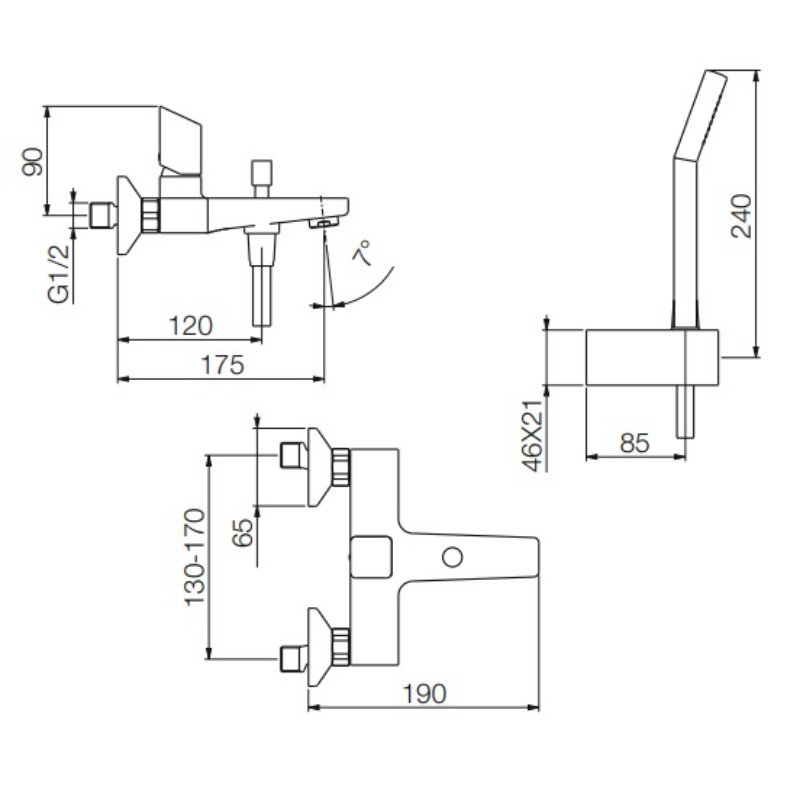 Tissino Wall Mounted Bath Shower Mixer Tap With Cube Handle - Image 2