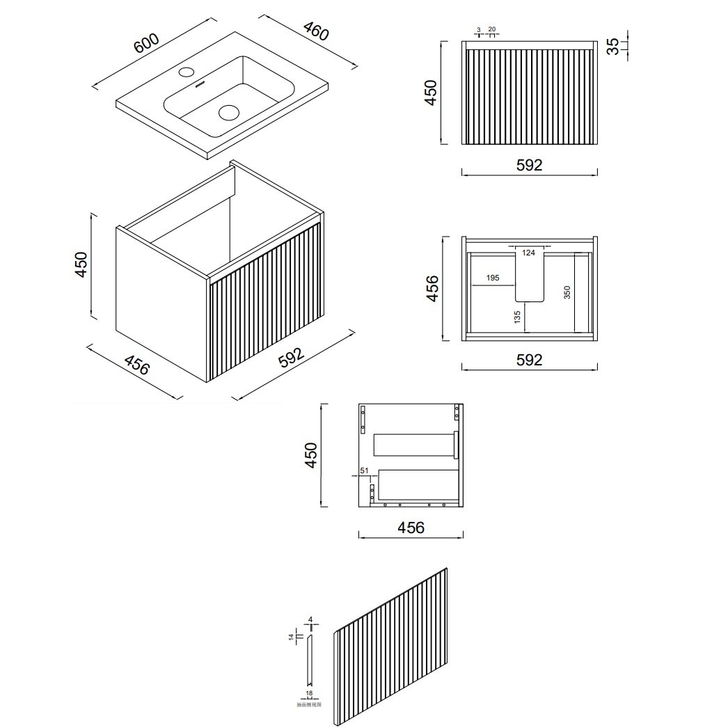 Eastbrook Stockton 1 Drawer Fluted Wall Hung Vanity Unit With Square Basin - 600mm Wide - Image 3