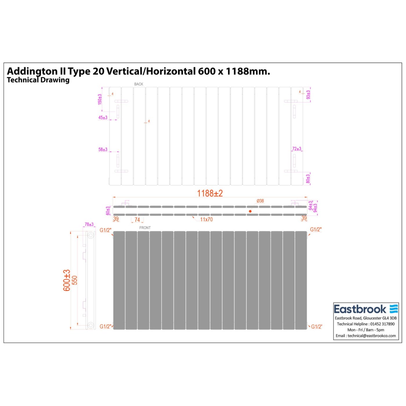 Eastbrook Addington II Type 20 Designer Radiator - Matt Anthracite - Image 29