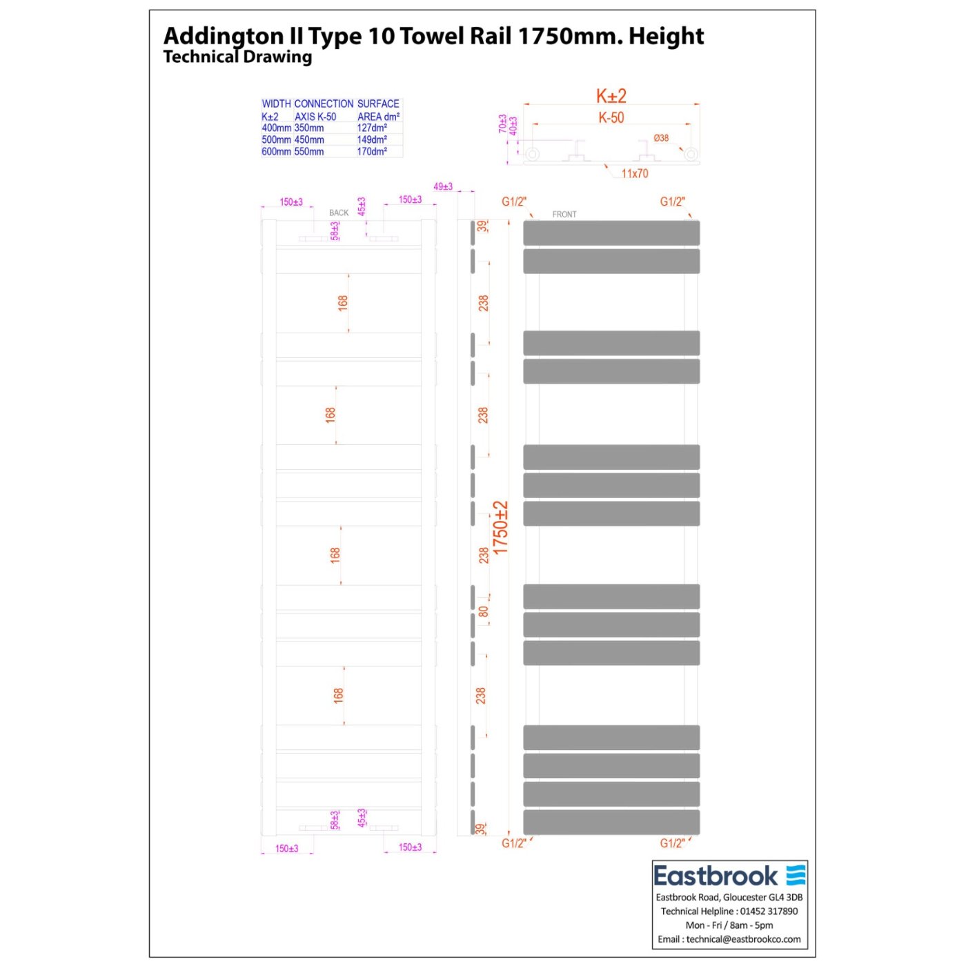 Eastbrook Addington II Type10 Designer Heated Towel Rail - Gloss White - Image 18