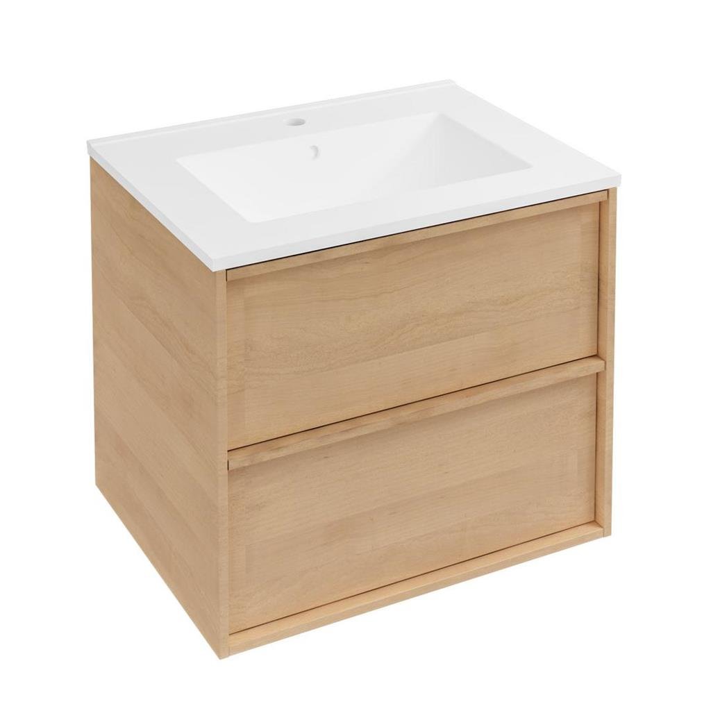 Eastbrook Ravensbourne 2 Drawer Wall Hung Vanity Unit With Basin - 600mm Wide - Natural Oak