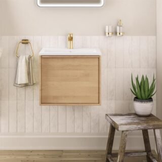 Eastbrook Ravensbourne 1 Drawer Wall Hung Vanity Unit With Round Basin - 500mm Wide - Natural Oak - Image 3