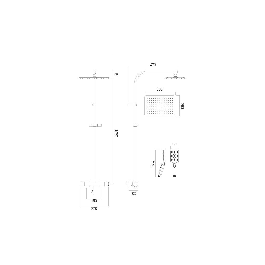 Vado Phase 2 Outlet Square Exposed Thermostatic Adjustable Shower Kit - Chrome - Image 4