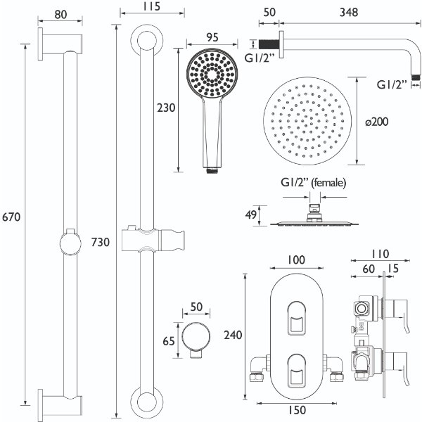 Bristan Saffron 2 Outlet Concealed Shower Kit - Black - Image 2