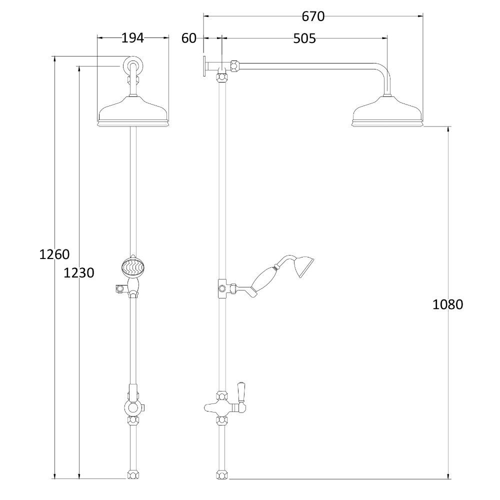 Hudson Reed Victorian Grand Shower Riser Kit With Diverter, Fixed Shower Head And Handset - Chrome - Image 3