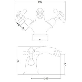 Hudson Reed Topaz Dome Crosshead Handle Dome Collar Bidet Mixer Tap With Waste - Image 2