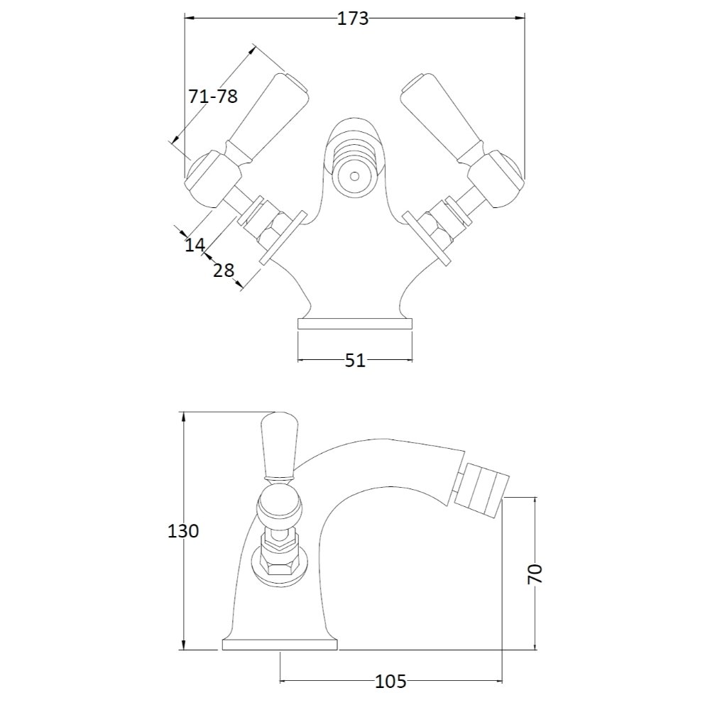 Hudson Reed Topaz Lever Hex Handle Collar Bidet Mixer Tap With Waste - Image 2