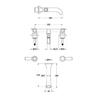 Hudson Reed White Topaz Lever Dome 3 Hole Wall Mounted Basin Mixer Tap - Image 2