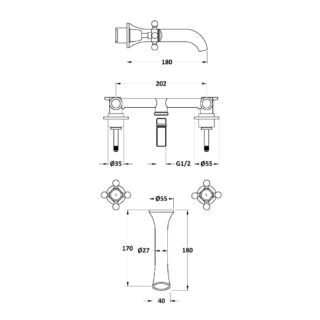 Hudson Reed White Topaz Dome Crosshead 3 Hole Wall Mounted Basin Mixer Tap - Image 2