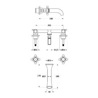 Hudson Reed White Topaz Crosshead Hex 3 Hole Wall Mounted Basin Mixer Tap - Image 2