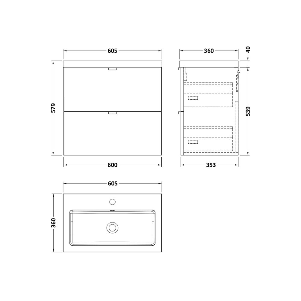 Hudson Reed Fusion Full Depth 2 Drawer Wall Hung Vanity Unit With Polymarble Basin - 600mm Wide - 1 TH - Image 2