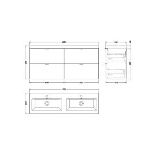 Hudson Reed Fusion 4 Drawer Wall Hung Vanity Unit With Double Ceramic Basin - 1200mm Wide - 2 TH - Image 2