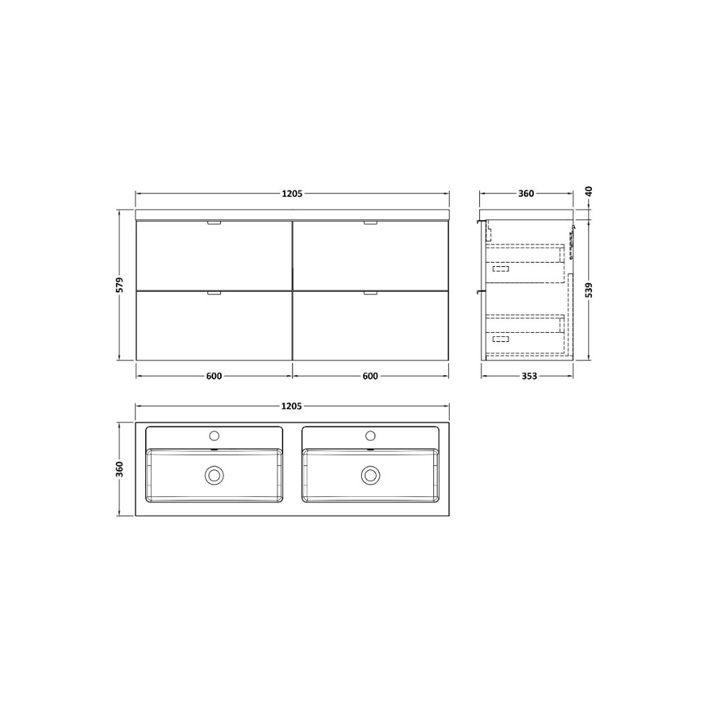 Hudson Reed Fusion 4 Drawer Wall Hung Vanity Unit With Double Polymarble Basin - 1200mm Wide - 2 TH - Image 2
