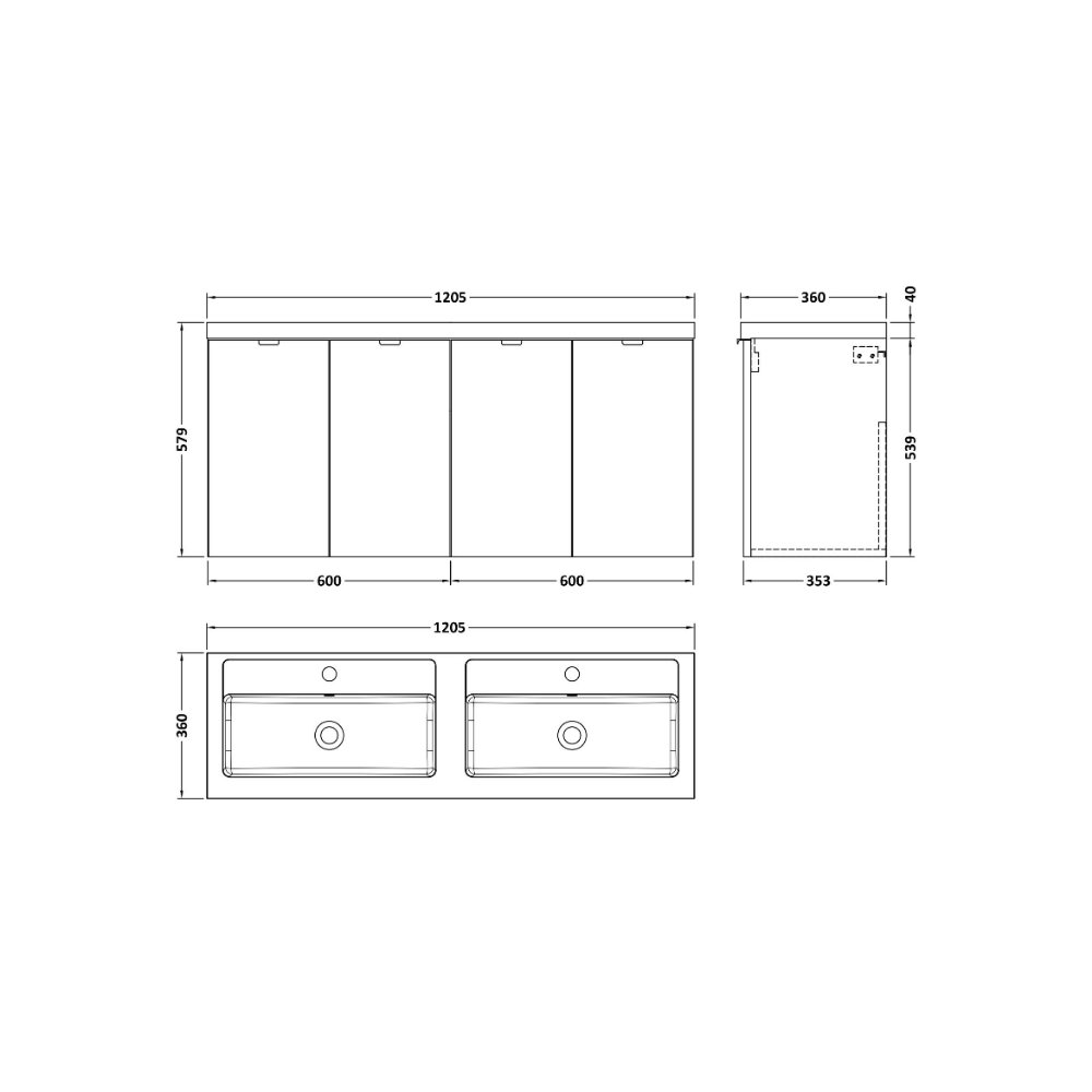 Hudson Reed Fusion 4 Door Wall Hung Vanity Unit With Double Polymarble Basin - 1200mm Wide - 2 TH - Image 2
