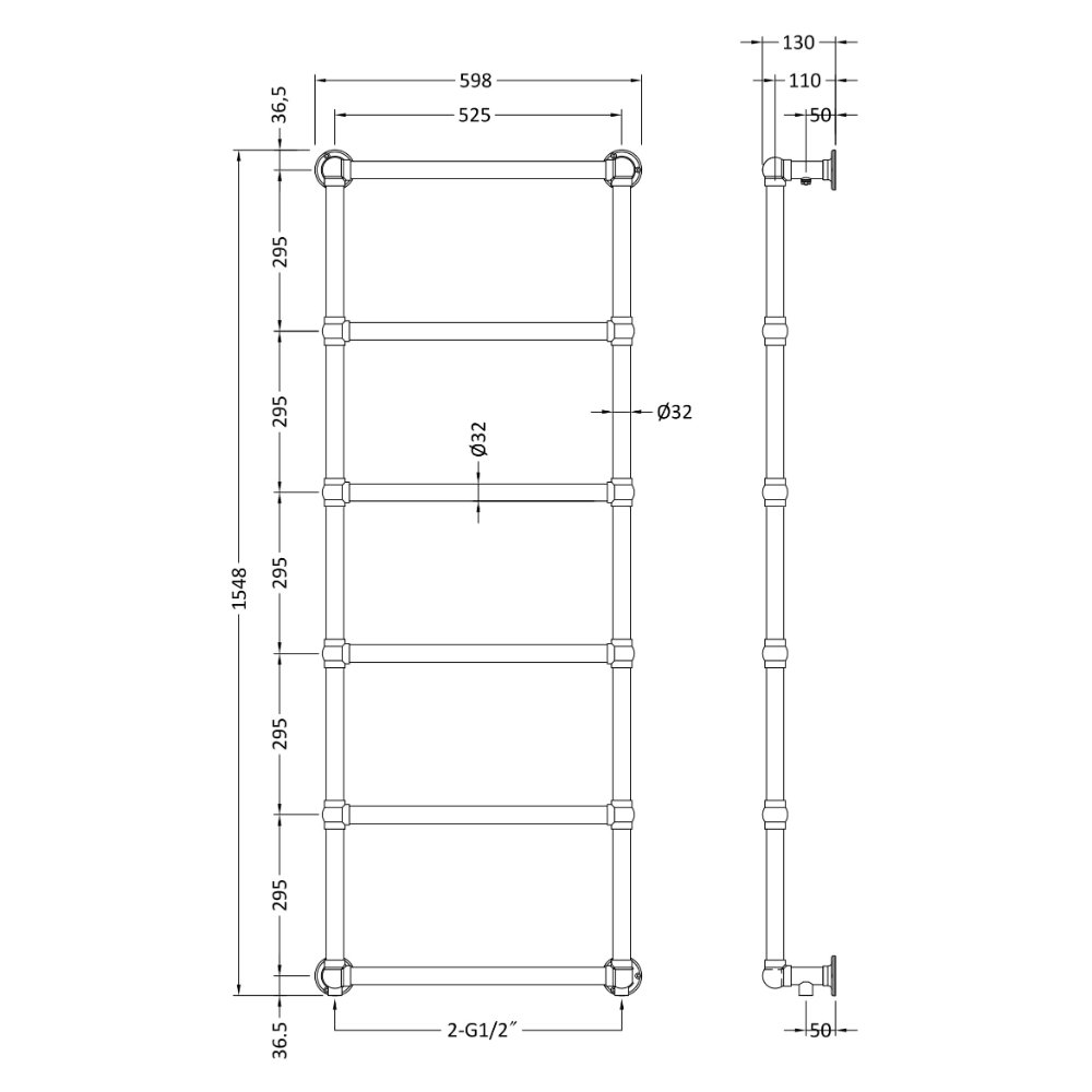Hudson Reed Countess Heated Towel Rail - 1548mm x 598mm - Chrome - Image 2