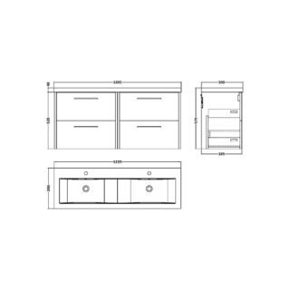 Hudson Reed Juno 4 Drawer Wall Hung Vanity Unit With Double Ceramic Basin - 1200mm Wide - 2 TH - Image 7