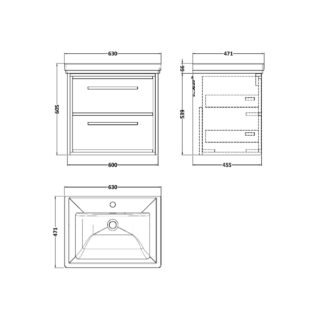 Hudson Reed Lille 1 Drawer Wall Hung Vanity Unit With Basin 2 - 600mm Wide - 3 TH - Image 3