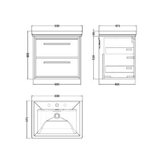 Hudson Reed Lille 2 Drawer Wall Hung Vanity Unit With Classic Fireclay Basin - 3 TH - 600mm Wide - Image 2