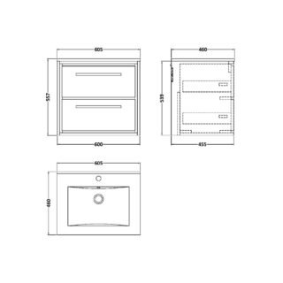 Hudson Reed Lille 2 Drawer Wall Hung Vanity Unit With Minimalist Ceramic Basin - 1 TH - Image 2