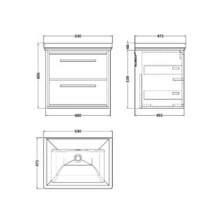 Hudson Reed Lille 2 Drawer Wall Hung Vanity Unit With Classic Fireclay Basin - 600mm Wide - No TH - Image 2