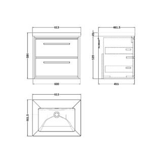 Hudson Reed Lille 2 Drawer Wall Hung Vanity Unit With Fireclay Basin - No TH - Image 2