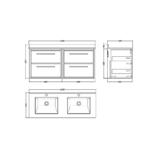 Hudson Reed Lille 4 Drawer Wall Hung Vanity Unit With Marble Top Double Basin - 1200mm Wide - 2 TH - Image 2