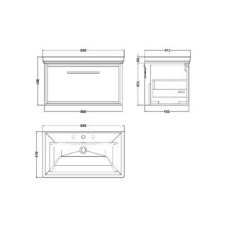 Hudson Reed Lille 1 Drawer Wall Hung Vanity Unit With Classic Fireclay Basin - 800mm Wide - 3 TH - Image 2