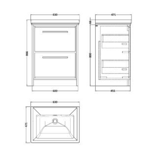 Hudson Reed Lille 2 Drawer Floorstanding Vanity Unit With Classic Fireclay Basin - No TH - Image 2