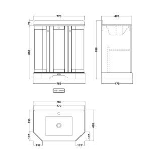 Hudson Reed Old London 3 Door Floorstanding Vanity Unit With Top Basin - 750mm Wide - Image 2