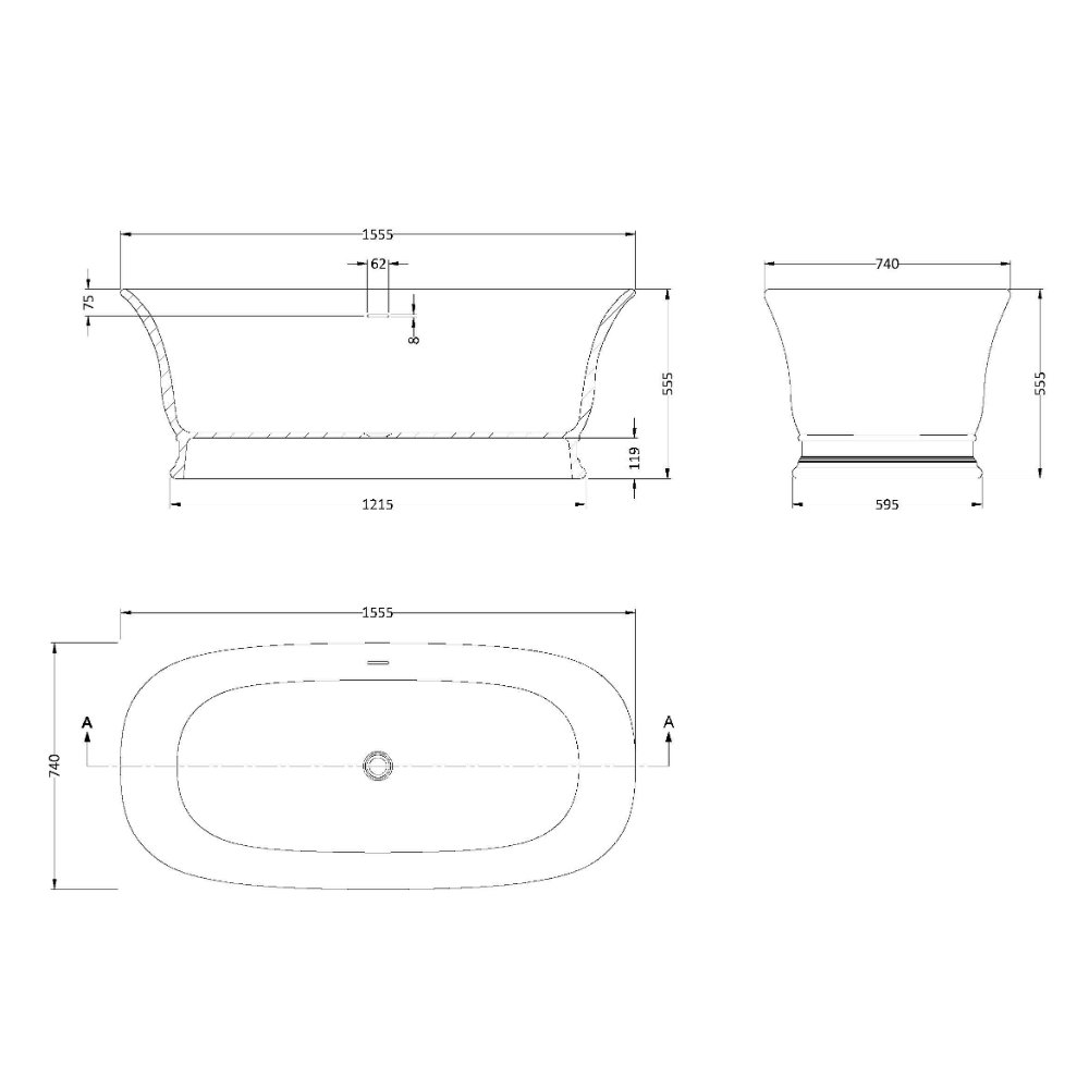 Hudson Reed Farringdon Freestanding Bath - 1555mm x 740mm - No TH - White - Image 3