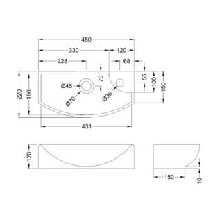 Hudson Reed Cloakroom Wall Hung Basin - 450mm Wide - 1 TH - White - Image 3