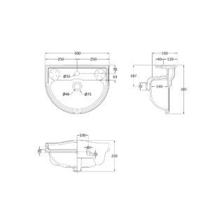 Hudson Reed Chancery Wall Hung Basin - 500mm Wide - 1 TH - White - Image 2