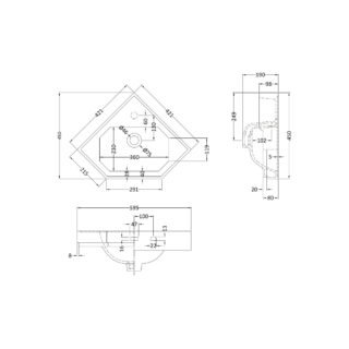 Hudson Reed Richmond Wall Hung Corner Basin - 600mm Wide - 1 TH - White - Image 2