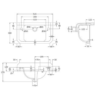 Hudson Reed Richmond Wall Hung Basin - 515mm Wide - 2 TH - White - Image 3