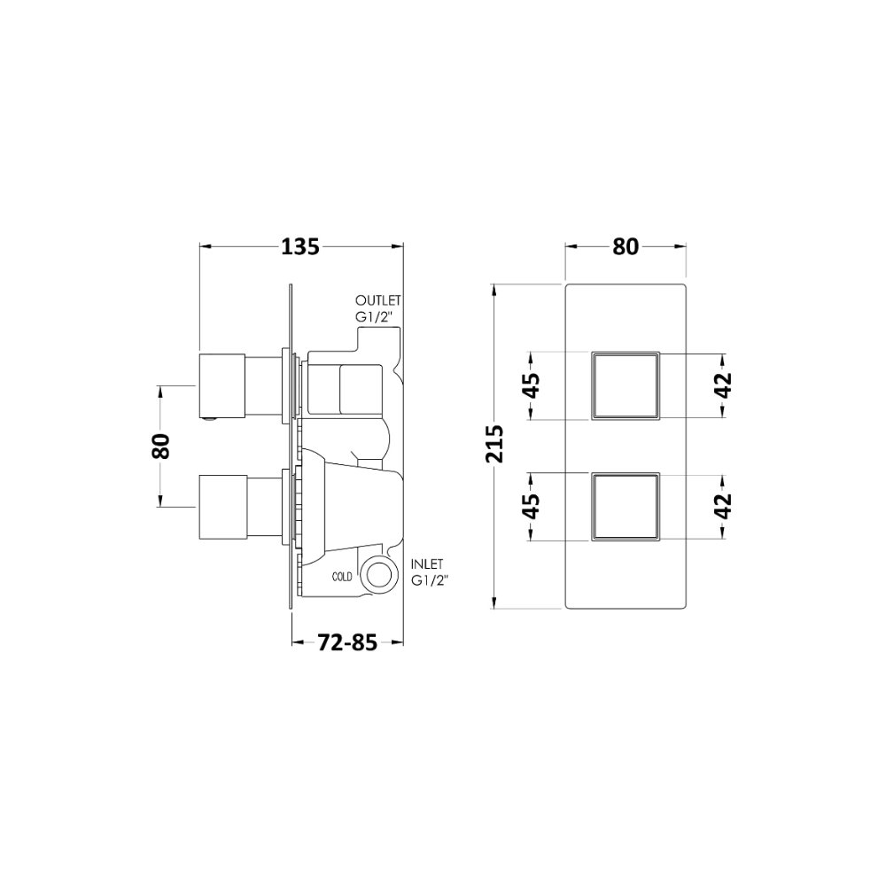 Hudson Reed Square 1 Outlet And 2 Handle Concealed Shower Valve - Chrome - Image 2
