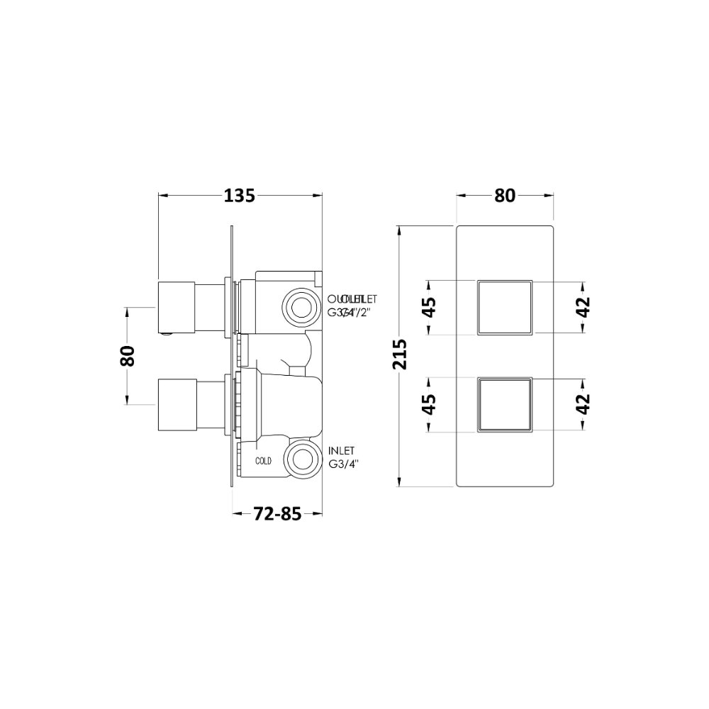 Hudson Reed Square 2 Outlet And 2 Handle Concealed Shower Valve With Diverter - Chrome - Image 2