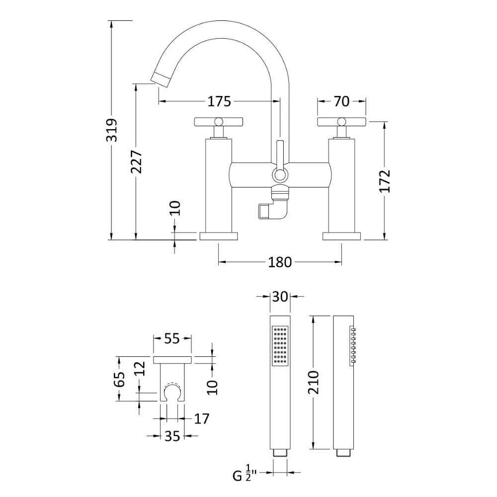 Hudson Reed Tec Crosshead Deck Mounted Bath Shower Mixer Tap - Chrome - Image 2