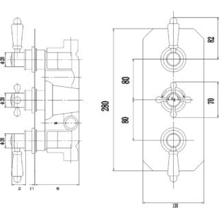 Hudson Reed Topaz Traditional 2 Outlet 3 Handle Thermostatic Concealed Shower Valve - Chrome - Image 2
