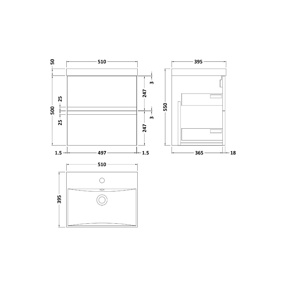 Hudson Reed Urban 2 Drawer Wall Hung Vanity Unit With Thin-Edge Basin - 1 TH - Image 2