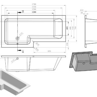 Neela L Shape SUPERCAST 1700x850x560mm 0TH Shower Bath Pack (LH) - Chrome - Image 2