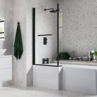 Neela L Shape 1700x850x560mm 0TH Shower Bath Pack (LH) - Matt Black - Image 1