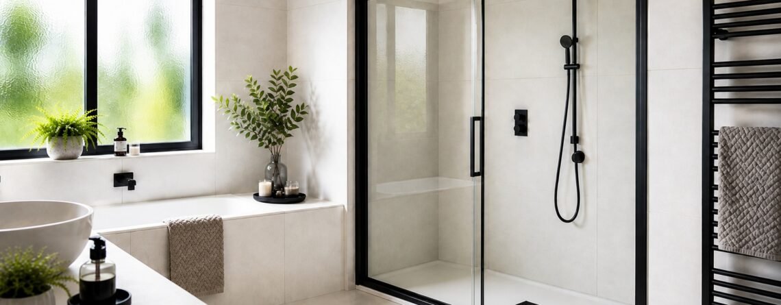 sliding shower enclosure with black frame in modern UK style bathroom