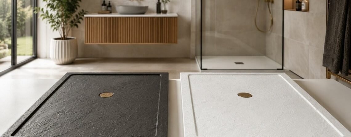 Merlyn vs Tissino stone resin shower trays side by side in a modern UK bathroom